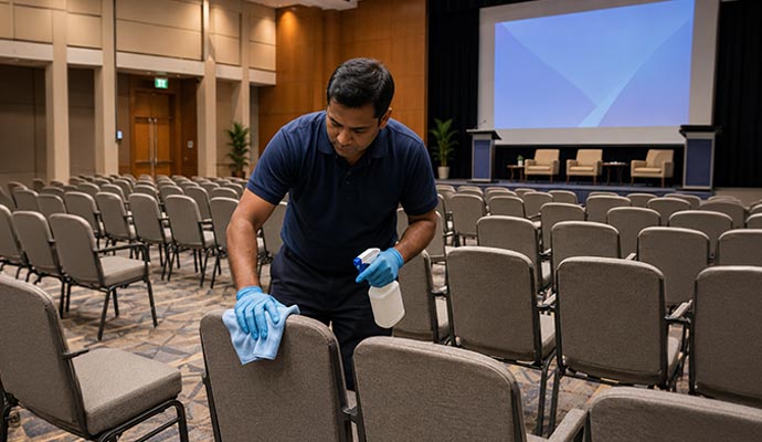 A man cleaning conference room chair
