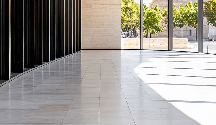 Modern commercial building hallway with clean polished ceramic tile flooring