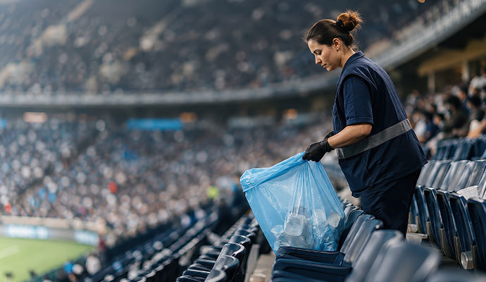 A cleaner collecting trash at the end of a sports match