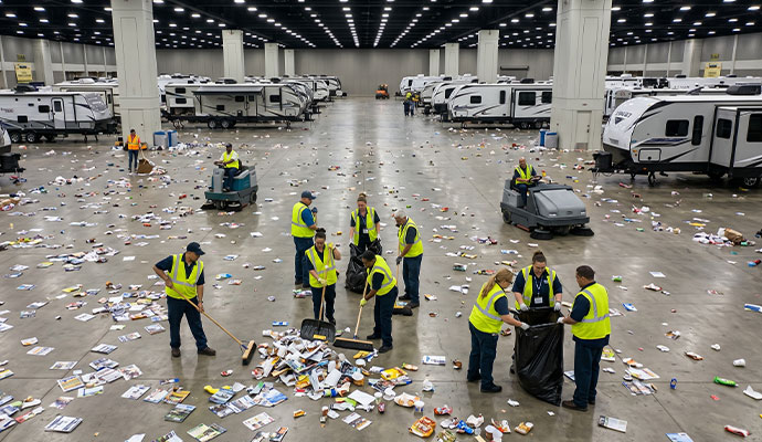 Cleaners cleaning exhibition floor
