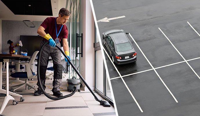 Collage of janitorial service and striped parking lot