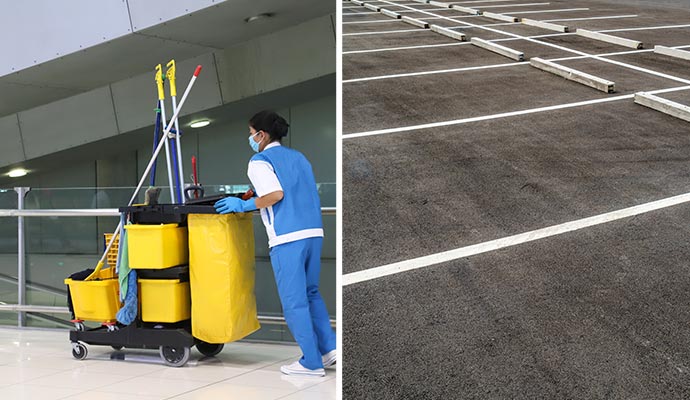 Collage of janitorial cleaning service and striped parking lot