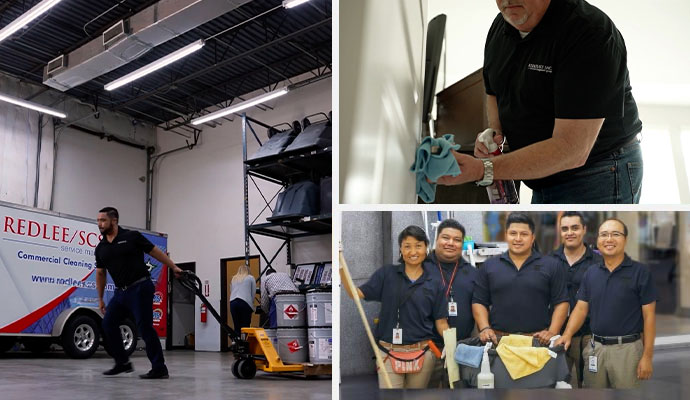 Collage showing office space cleaning, and professional cleaning team