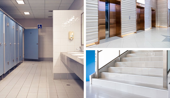 Collage of commercial restroom, elevator landing, and tiled stairwell landing