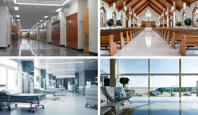 Collage of educational institution, place of worship, healthcare facility, and airport terminal