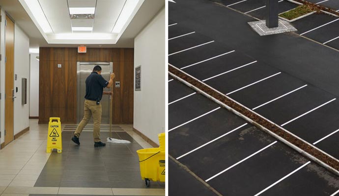 Collage of a professional cleaning floor near an elevator and a striped parking lot