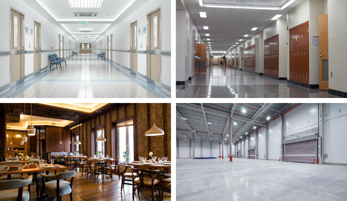 Collage of healthcare facilities, educational institutions, restaurants, and warehouses