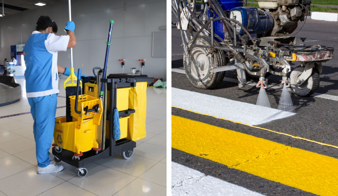 Collage of janitorial cleaning and parking lot striping
