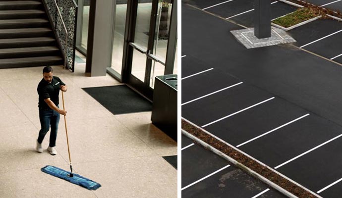 Collage of lobby mopping and parking lot striping