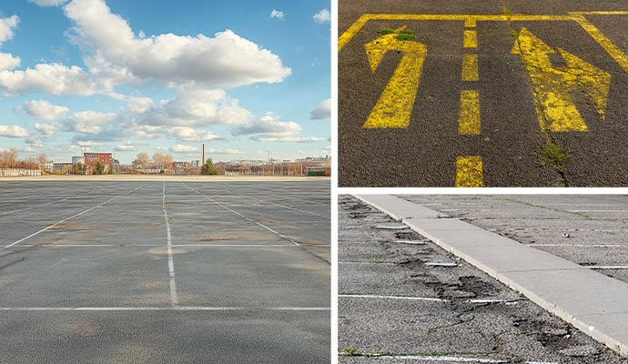 Collage of multiple commercial parking lot areas with faded lines and worn pavement