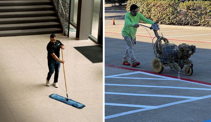 Collage of professional floor cleaning and parking lot striping services