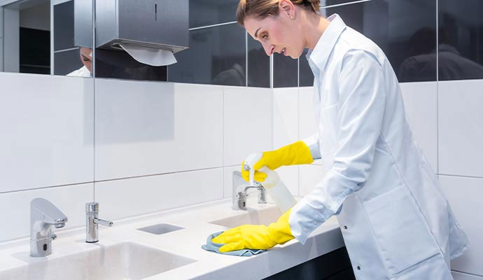 Janitor in protective gloves wiping and sanitizing commercial restroom countertop and sink