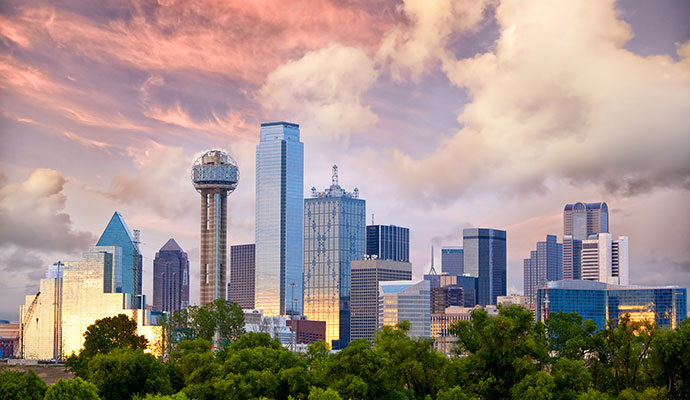 Panoramic view of the Dallas, Texas skyline at sunset