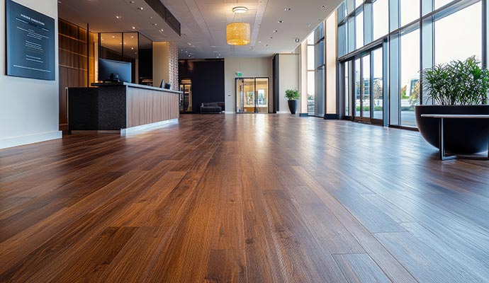 Shiny polished hardwood floors in a modern commercial building lobby after professional floor care service