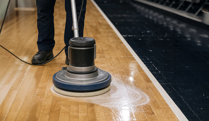 Cleaning technician operating a rotary floor machine on high-traffic commercial wood flooring