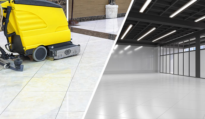 Collage of discolored and polished tile floor