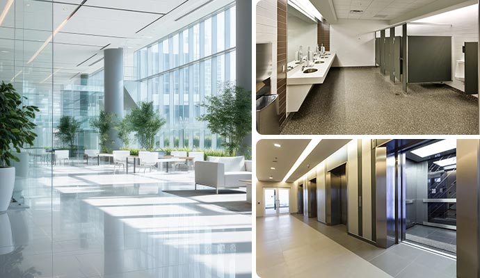 Collage of a modern lobby, a clean restroom, and an elevator hallway