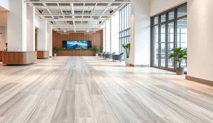 Spacious commercial building lobby featuring light wood flooring and large glass entrance doors