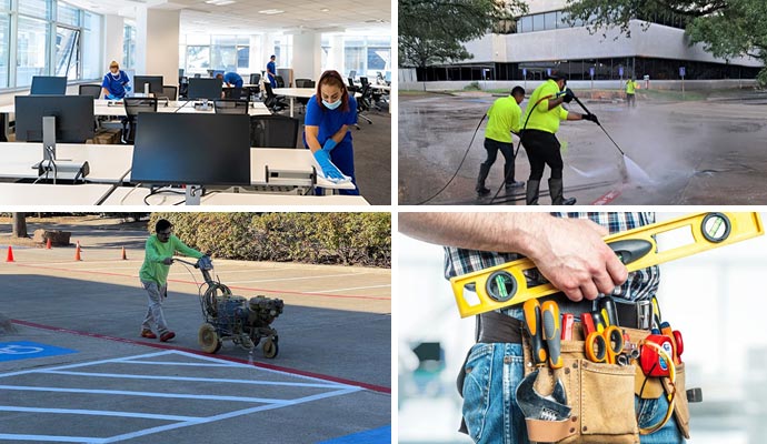 A collage showing office sanitization, exterior power washing, parking lot striping, and professional maintenance tools