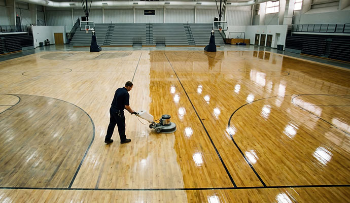 Professional technician buffing and cleaning a large commercial hardwood floor with a floor machine