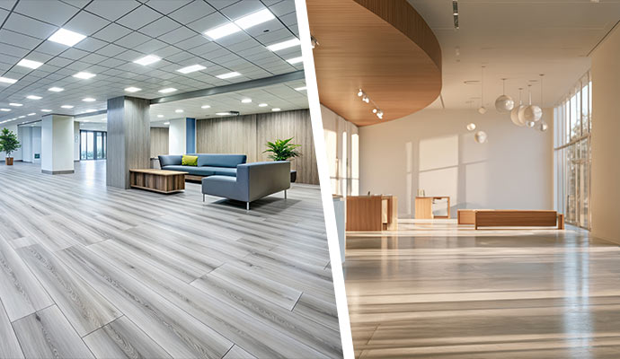 Collage of office lounge and hotel reception lobby with engineered wood flooring