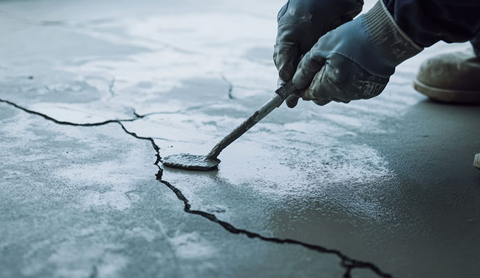 A close-up of a worker in gloves using a tool to fill a large, jagged crack in a gray concrete or stone floor with a fresh sealant or grout