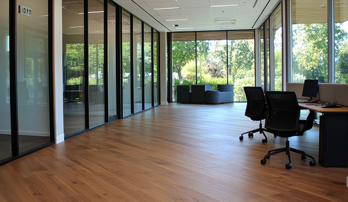 Modern corporate office workspace with glass partition walls and warm hardwood flooring