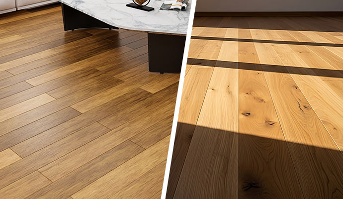 Collage of engineered wood flooring and solid hardwood flooring