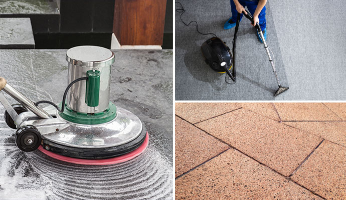A collage image shows three different floor cleaning tasks: a floor buffer scrubbing a tile floor, a professional deep-cleaning a carpet, and a close-up of a textured stone tile floor