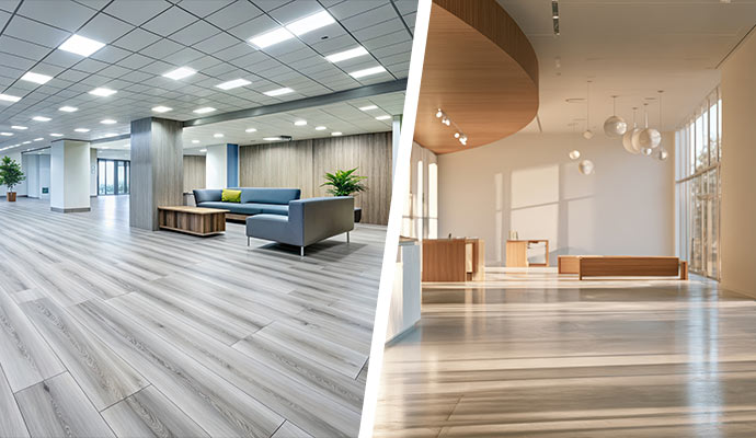 Collage of an open office lounge and a reception lobby with hardwood floors
