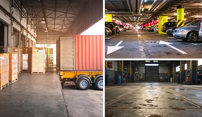 A collage featuring a warehouse loading bay, a commercial parking garage and an industrial workshop
