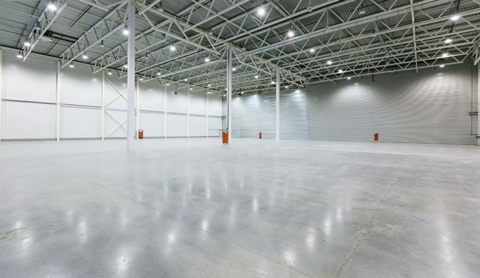 Interior of an industrial warehouse with a clean floor