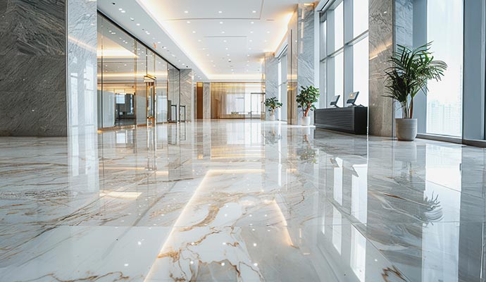 Luxury commercial lobby featuring polished marble flooring modern architectural interior and bright open space