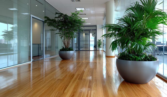 Bright office hallway featuring a polished laminate wood floor