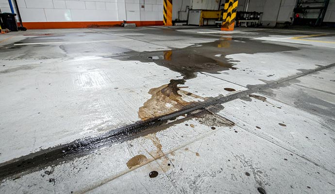 Oil and grease stains on warehouse floor