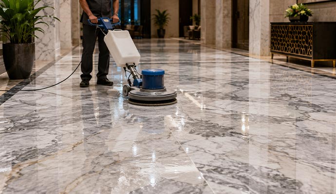 Professional technician using floor machine to clean and maintain polished marble flooring in luxury commercial interior