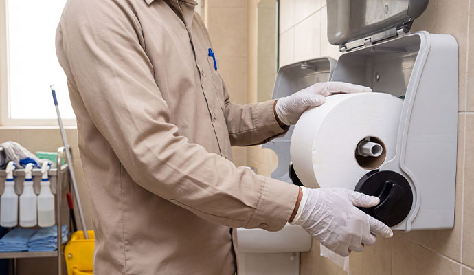 Janitor restocking a large commercial toilet paper roll into restroom dispenser