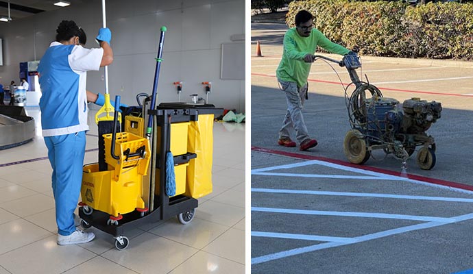 A collage featuring professional janitorial preparation and outdoor parking lot striping