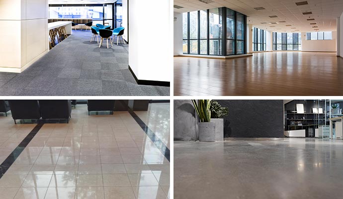 Collage of carpeted floor, wood floor, tile floor, and concrete floor