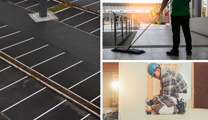 Collage of a stripped parking lot, professional floor cleaning and handyman repair services