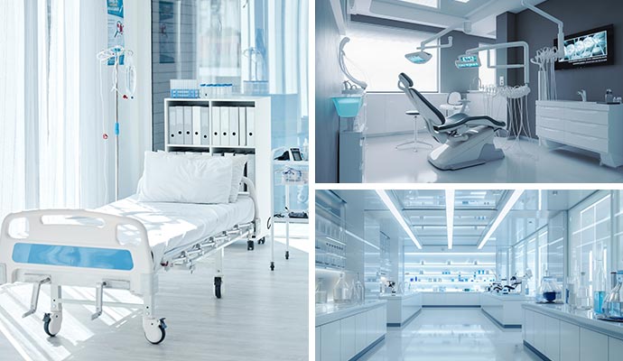 Collage of different rooms of hospital