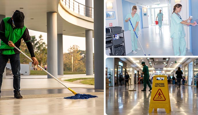 Experts cleaning floors in an outdoor area, hospital corridor and shopping mall