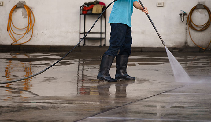 Janitorial staff cleaning floor with power washing
