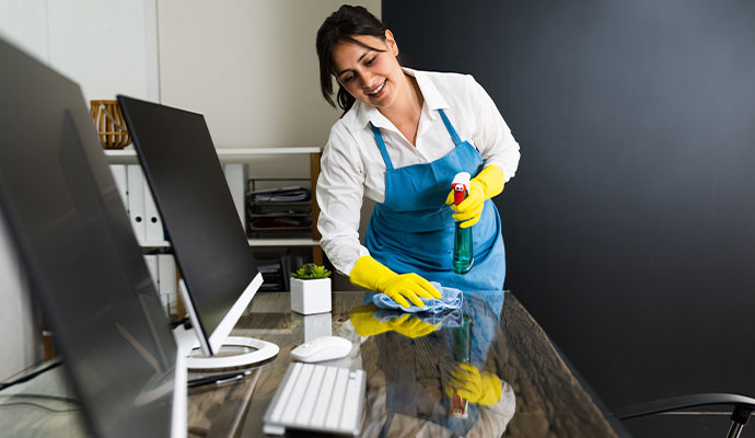A professional janitor is sanitizing a workstation with a spray bottle, with a computer monitor and keyboard in the foreground