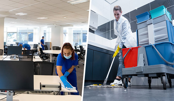 A collage image shows two scenes of professional cleaning: on the left, a team of cleaners sanitizes an office, and on the right, a cleaner mops a floor next to a cleaning cart in a restroom