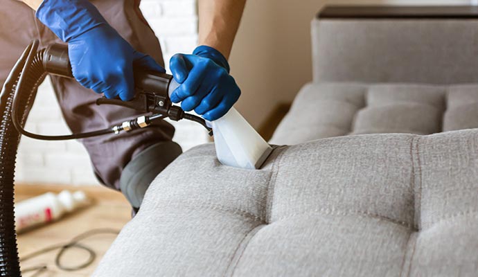 Individual using a professional upholstery cleaning machine to deep clean a sofa