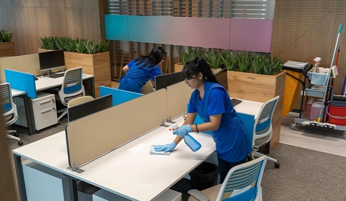 Two professionals cleaning desks and sanitizing surfaces in a modern office