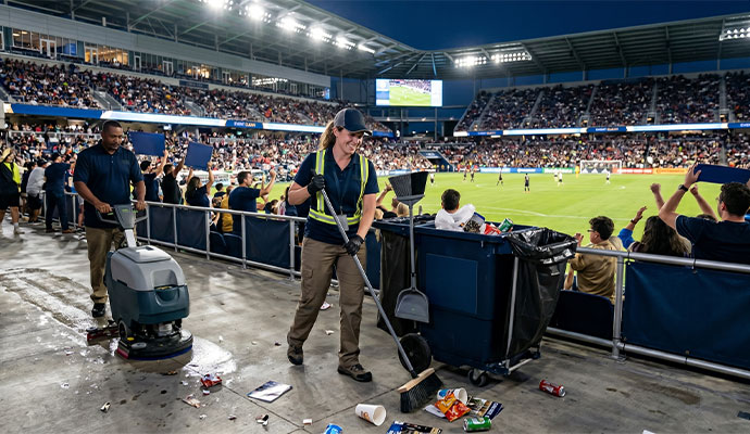 Stadium cleaning crew sweeping trash