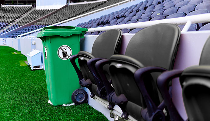 Trash bin inside arena ready for crowds