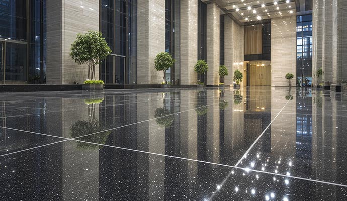 Luxury commercial lobby featuring polished black granite flooring with reflective modern interior design